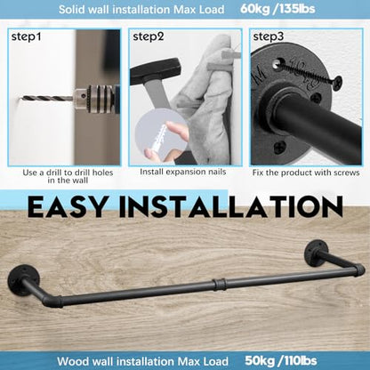 Industrial Pipe Clothes Rack Wall Mounted Clothing Rack Set of 2,38.2 Inches Heavy Duty Iron Garment Rail,Space-Saving Hanging Rod for Laundry Room,Bedroom,Closet Storage - size: 38.2 Inches