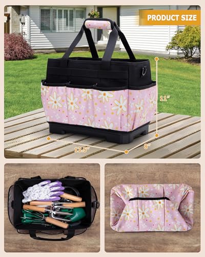 Marscamd Garden Tool Bag with Hard Bottom, Garden Tote with Shoulder Strap - color: Pink Sunflower