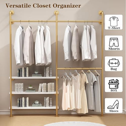 HOMEKAYT Industrial Pipe Clothes Rack with Shelves, Gold Clothing Rack Wall Mounted Heavy Duty Multi-Purpose Storage Clothes Hanging Shelf - 70.8''L Gold - color: gold, size: 70.8''L-B