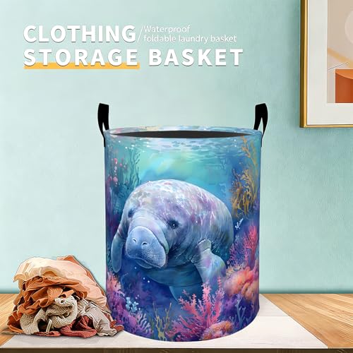 Cute Manatee Laundry Basket Hamper for Boys Girls Kids Adults, Foldable Waterproof Oxford Clothes Storage Bin, Marine Animal Organizer for Bedroom Bathroom Room Decor 19.7"x15.7" - style: Manatee