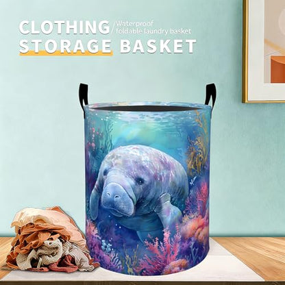 Cute Manatee Laundry Basket Hamper for Boys Girls Kids Adults, Foldable Waterproof Oxford Clothes Storage Bin, Marine Animal Organizer for Bedroom Bathroom Room Decor 19.7"x15.7" - style: Manatee