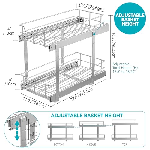 2 Tier Pull Out Cabinet Organizer 11" W X 22" D, Chromed, Full Slide Out - color: 2 Tier - Chrome-Plated, size: 11" W X 22" D