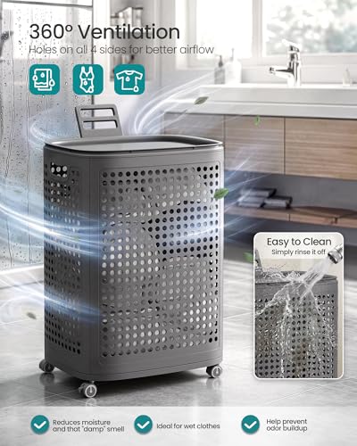 SONGMICS Laundry Hamper with Wheels, 75 L Laundry Basket with Lid - color: Dark Gray, size: Lid and Wheels