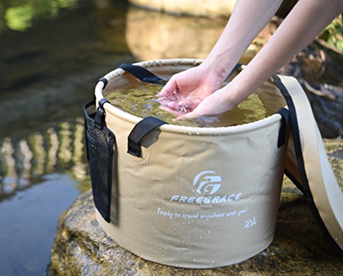 Freegrace Collapsible Water Bucket with Lid 23L Portable Camping Wash Basin - color: Khaki, size: 23L