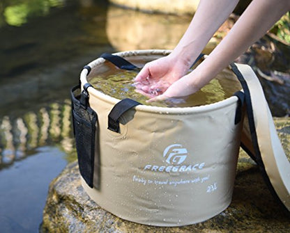 Freegrace Collapsible Water Bucket with Lid 23L Portable Camping Wash Basin - color: Khaki, size: 23L