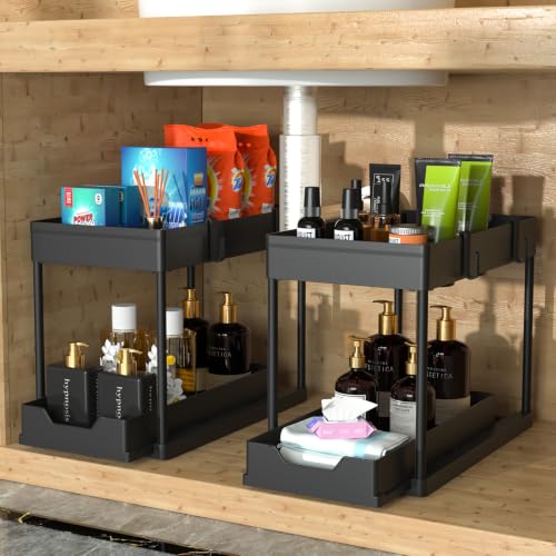 Under Sink Organizer, 2‑Tier Pull‑Out Cabinet Storage for Bathroom Kitchen - color: Black