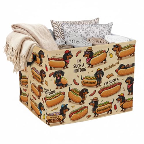 Dachshund and Hot Dog Laundry Hamper 56L Large Foldable Laundry Basket with Handles, for Clothes, Toy Storage Bin, Blankets,Decorative Organizer for Shelves & Closet Home Decor Bedroom & Nursery - color: Dachshund and Hot Dog