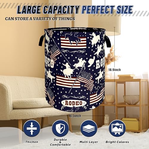 Western Cowboy Laundry Basket Oxford Cloth Foldable Hamper 18.9x16.5 Inch - color: Western Cowboy With American Flag