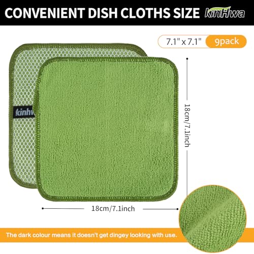 KinHwa Dish Cloths for Washing Dishes with Scrub Side, Microfiber Dish Rags - color: Green, size: 7inchx7inch