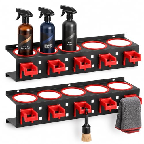 Spray Bottle Holder Wall Mount:2 Pack Heavy Duty Metal Spray Bottle Rack with 5 Holes & 5 Hooks, Car Detailing Organizer for Garage, Workshop, Cleaning Tools
