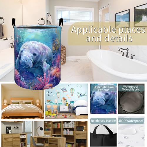 Cute Manatee Laundry Basket Hamper for Boys Girls Kids Adults, Foldable Waterproof Oxford Clothes Storage Bin, Marine Animal Organizer for Bedroom Bathroom Room Decor 19.7"x15.7" - style: Manatee