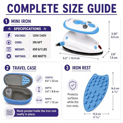 The Quilted Bear Premium Mini Steam Iron for Quilting and Travel, Blue - color: Blue, size: Premium Mini Iron Set