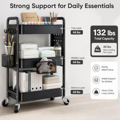 3 Tier Black Rolling Storage Cart Metal with DIY Pegboard and Wheels - color: Black