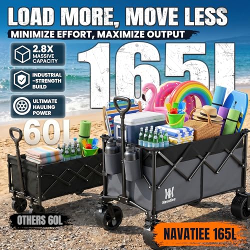 Navatiee 330Lbs Collapsible Folding Wagon, Beach Wagon Cart Heavy Duty Foldable with Big Wheels, Utility Grocery Wagon with 165L Large Capacity for Camping Garden Sports, Gray - color: Gray, size: 165L