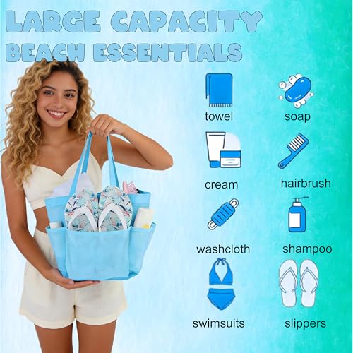 Mesh Shower Caddy Portable - 9 Pockets, Shower Bag for Dorm Room Camping - color: light blue