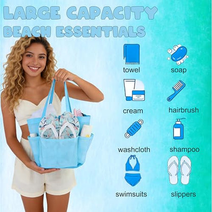 Mesh Shower Caddy Portable - 9 Pockets, Shower Bag for Dorm Room Camping - color: light blue