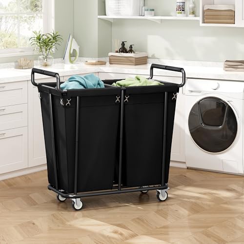 Gewudraw Heavy Duty Laundry Hamper with Wheels 2 Section, 360L, Black - color: Black, size: 2-Section-360L