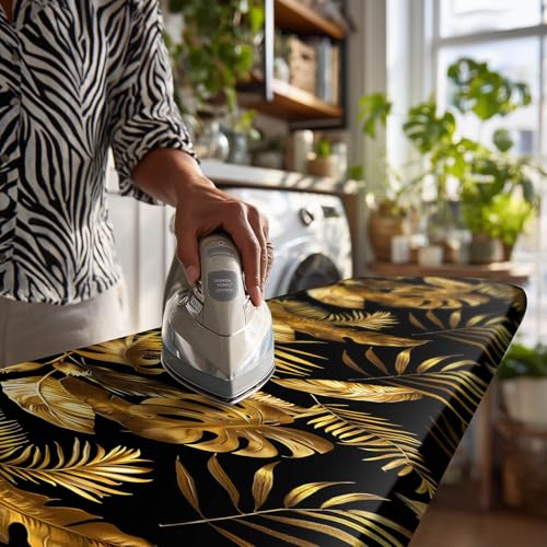 HOMETITUTE Luxury Black Gold Leaf Ironing Board Cover Stretch Fabric with Elasticity Velcro Fastening Modern Metallic Leaf Ironing Board Cover 15x54 Inches Home Decor - color: Y25811043jh