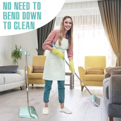 XXXFLOWER Broom and Dustpan Set with Cleaning Teeth, 54.5" Long Handle Indoor Sweeping Combo for Home Office Kitchen, Bluish Green