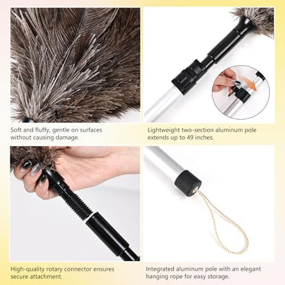 Extendable Ostrich Feather Duster 26-49 Inch, Natural Cleaning Duster with Aluminum Extension Pole Reusable for High Ceilings, Fans, Blinds, Furniture, Interior & Roof Dusting - size: 26-49 Inch