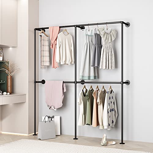 Industrial Pipe Clothing Rack Wall Mounted,Clothes Racks with Double Hanging Rods for Closet Storage(Black) - size: 71"L-Black