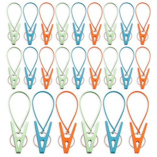 24 Pack Plastic Clothes Pins with Rope, Mini Clothesline Clips Multicolor Windproof Drying Clothing Pegs for Hanging Socks Hats Pants Bras Underwears Towel Photo Crafts
