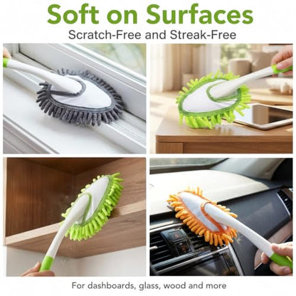 13 Inch Microfiber Feather Duster,with 4 pcs Washable Duster Head, Car Duster, Perfect for Cleaning Windows, Tables, Cars,Furniture, Walls, Fans, Screens