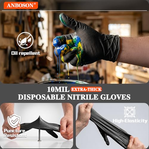 ANBOSON 10 Mil Heavy Duty Mechanic Nitrile Gloves, XLarge Black 100 Count - color: Black-100, size: X-Large