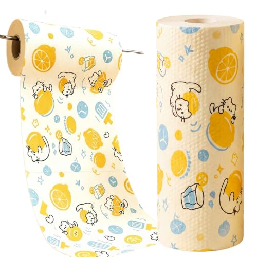 Printed Kitchen Cleaning Cloth Roll, Thick Absorbent Hand-Tear Lazy Cloth - color: Lemon Cat
