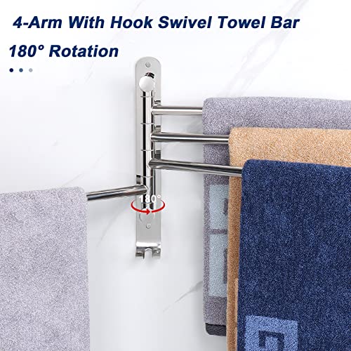 NearMoon Swivel Towel Rack, 13.8" Thicken 304 Stainless Steel 4-Arm Towel Bar, Space Saving Wall Mounted Towel Holder with Hook, Rustproof Swing Out Towel Hanger for Bathroom, Kitchen (Chrome Finish) - color: Chrome Finish, size: 13.8 Inch-Round