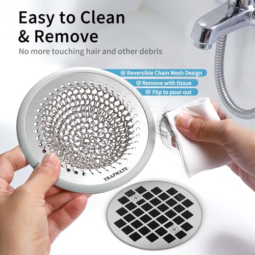 TRAPMATE Shower Drain Cover, 2PCS Prevent Clogging Shower Drain Hair Catcher, Non-Slip Stainless Steel Drain Protector, Patented Bathroom Accessory for US Standard Flat Drains of Bathroom - color: Gray Silver