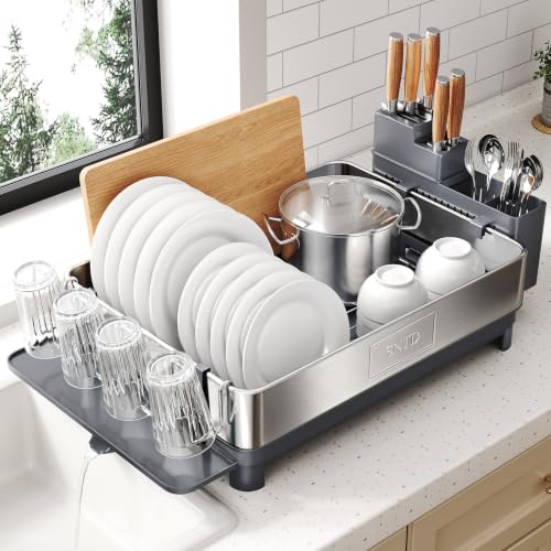 SNTD 304 Stainless Steel Dish Drying Rack for Small Kitchen Counter, Grey - color: Gray