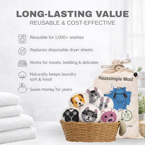 Wool Dryer Balls 6-Pack 100% Natural New Zealand Wool, Handmade in Nepal Reusable Laundry Balls, Faster Drying, Softer Clothes, Anti-Static, Dryer Sheets Alternative (Farm) - color: Farm