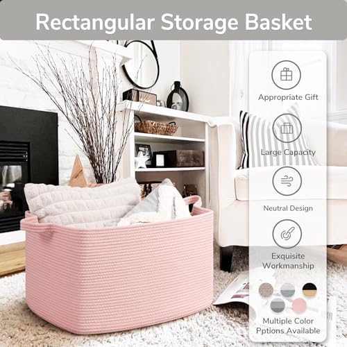 Goodpick Large Woven Rope Blanket Basket, Rectangle, Pink, 75L - color: Pink, size: Large(21.6"L x 14.9"W x 11.8"H)