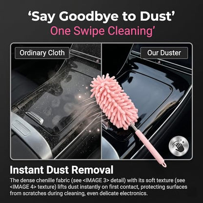 2 PCS Car Interior Duster with Extension Pole, Microfiber Bendable Head Telescopic Cleaning Tool, Scratch Free for Vehicle Interior & Exterior, Universal for Most Cars, Trucks, SUVs (Pink)