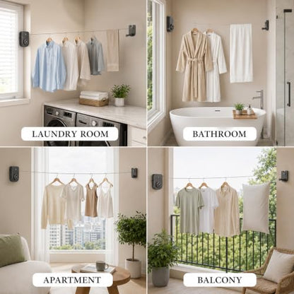 Retractable Clothesline with Adjustable Tension, 13.7 Ft Anti-sag Laundry Line, Wall Mount Drying Clothes Line with Telescopic Rod, Heavy Duty Clothes Drying Line for Indoor Outdoor Use