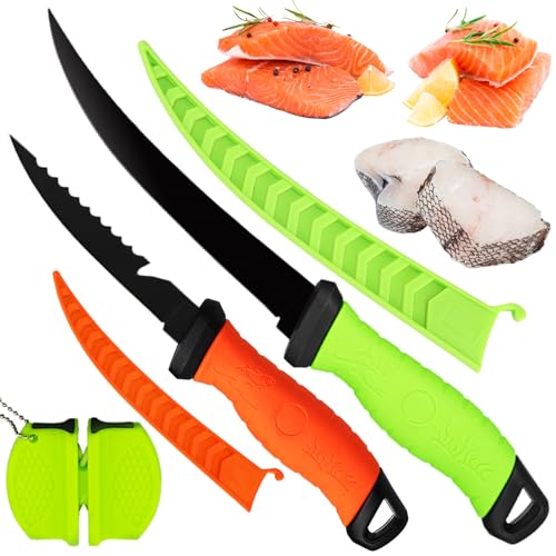 Fishing Knife Set, Fish Cleaning Kit, Filet Knife for Fish, Fish Scale Cleaning Brush, Multi-Functional Scissors, Gloves, Fishbone Tweezers, Storage Bag,Fishing Accessories,Fishing Tool Kit - size: 2PCS-Green&Orange