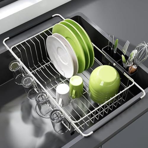 JASIWAY Dish Drying Rack in Sink, Dish Drainer with Cup and Utensil Holder - color: Silver, size: For 12"-30"w Sink