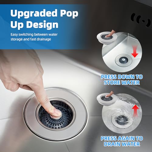 Hibbent 3 in 1 Kitchen Sink Drain Strainer, Metal Pop Up Stopper - color: Brushed Stainless Steel