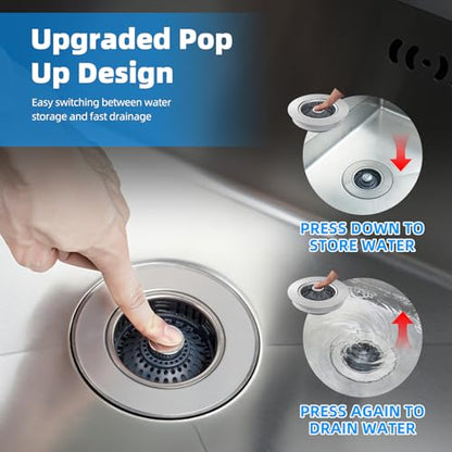 Hibbent 3 in 1 Kitchen Sink Drain Strainer, Metal Pop Up Stopper - color: Brushed Stainless Steel