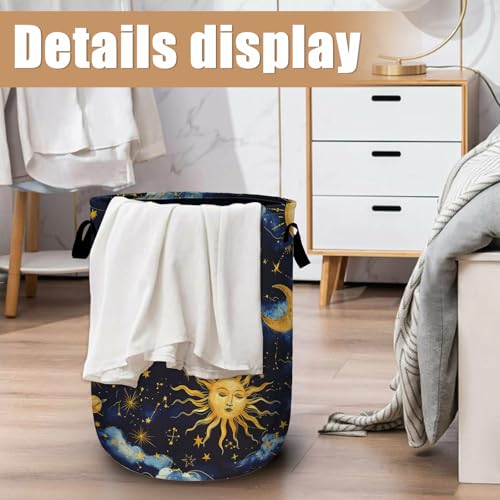 Sun Moon Laundry Basket, Foldable Cloudy Starry Night Laundry Hamper Tote Bag Dirty Clothes Storage Bucket Organizer for Bathroom/Laundry/Bedroom 15.7"x19.6" - color: Beautiful Sun Stars Moon
