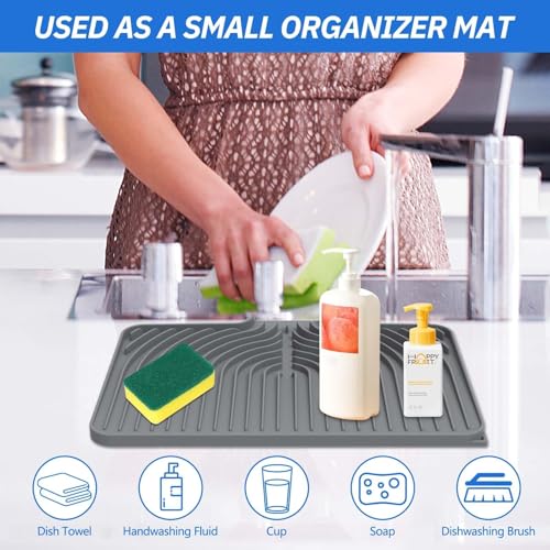 Dish Drying Mat for Kitchen Counter, with Built-in Drain Lip, Food-Grade Silicone, Easy Clean Pad for Countertop Protection, Multi-Functional Use (14.7x10.2, Grey) - color: Gray, style: 14.7x10.2