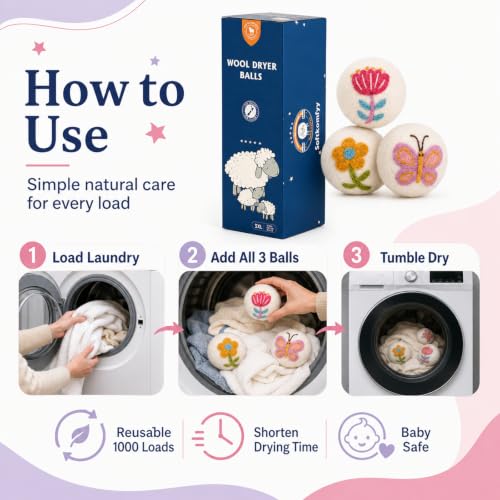 Wool Dryer Balls Handmade 3 Pack XL,Laundry Dryer Balls,100% New Zealand Wool Fabric Softener,Reusable 1000 Loads,Wrinkles Free, Shorten Drying Time,Baby Safe (3 Pack XL,Garden Friends) - color: Garden Friends