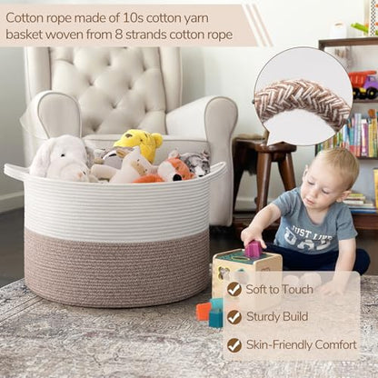 INDRESSME Large Woven Rope Blanket Basket Living Room Brown, 65L - color: White & Brown, size: 19.7"D x 12.6"H