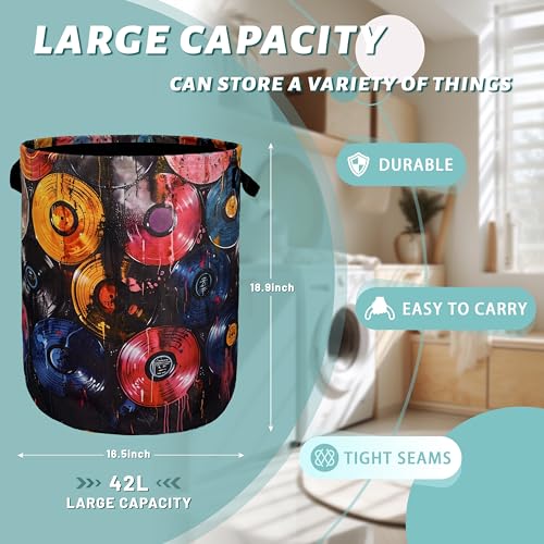 Colorful Music Laundry Basket Foldable Oxford Cloth Hamper 18.9"x16.5" - color: Colorful Music Graffiti Style Painting
