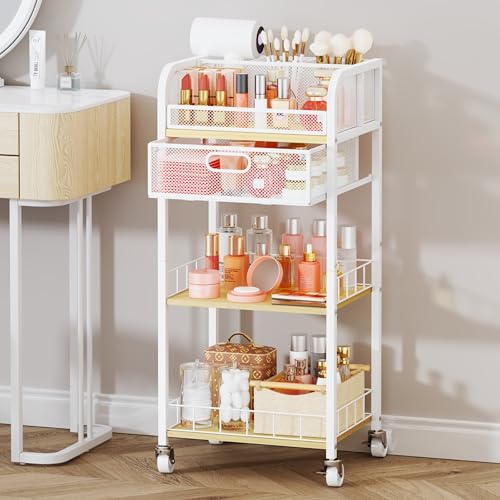 HapiRm Makeup Organizer Storage Cart - 4 Tier Skincare Make Up Storage with Drawer, Rolling Makeup Cart Vanity Organizer Cosmetics Display Cases Holder for Skin Care Perfume Nail Polish Brush - color: Pure White