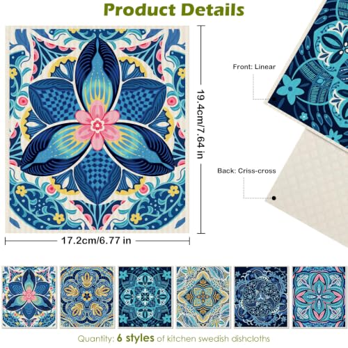 6 Pcs Swedish Paper Cloths for Kitchen, Reusable Paper Towels Washable - color: Blue Retro Floral
