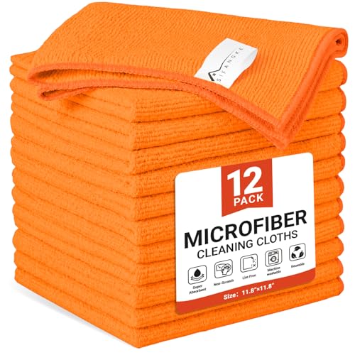 SIFANGKE Microfiber Cleaning Cloth, 12 Pack Orange Cleaning Rags for Housekeeping, Reusable Microfiber Towels for Car, Kitchen, Bathroom and Household Cleaning Supplies, 11.8"X11.8" - color: T.orange, size: 1 Count (Pack of 12)
