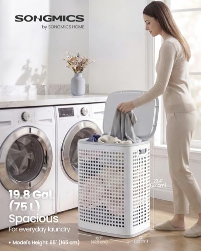 SONGMICS Laundry Hamper with Lid, 75 L Ventilated Basket, Cutout Handles - color: White + Gray, size: Lid