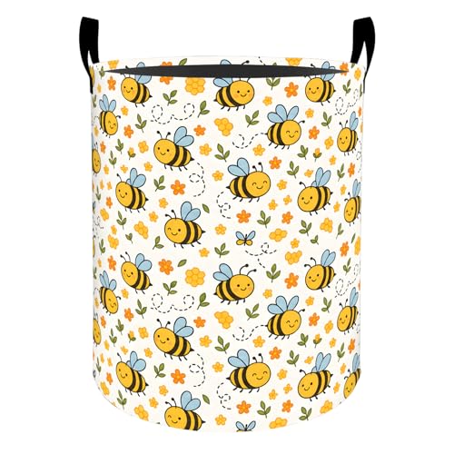 Cute Bee Laundry Basket Hamper for Boys Girls Kids Adults, Foldable Waterproof Oxford Clothes Storage Bin, Honey Bee Floral Organizer for Bedroom Bathroom Room Decor 19.7"x15.7" - style: Bee